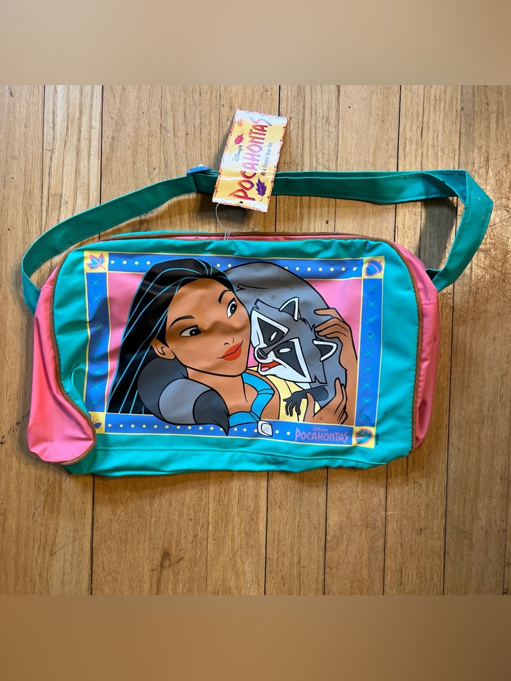 Vintage 90s NWT Pocahontas and raccoon friend  Meeko vinyl duffle bag 13”x8”